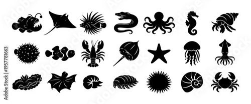 Deep Sea Creatures Silhouette Icon Set Exotic Marine Animals Black Vector Collection