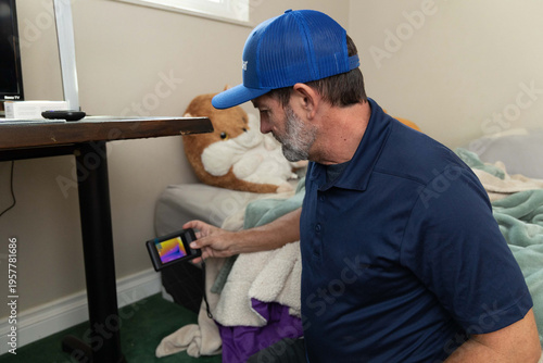 home inspector taking infrared thermography camera pictures of an interior wall of a house

