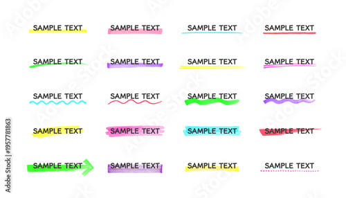 マーカー見出しセット カラフル手描き蛍光ペン強調ライン素材 Marker Headline Set Colorful Highlight Brush Lines