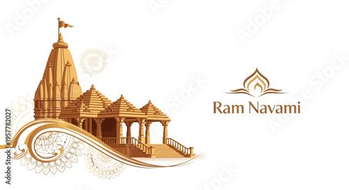 Golden illustration of a Hindu temple with intricate designs and patterns celebrating Ram Navami festival in India with a vintage and ornate style