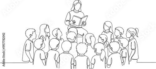 People listening to a speaker in a line art style