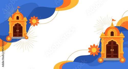 Illustration of a vibrant Ram Navami festival frame with golden temple gates, blue and orange floral patterns, and decorative borders, ideal for social media and business celebrations