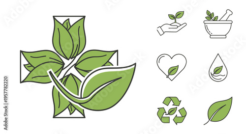 Eco friendly icons with green leaves.