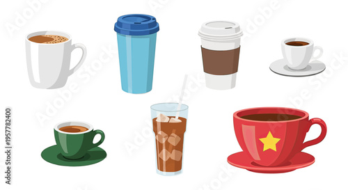 A minimalist collection of hot beverage icons including ceramic cups with saucers and a takeaway coffee paper cup.