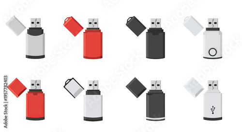 A minimalist set of various USB thumb drive designs in different colors and styles, isolated on a white background.