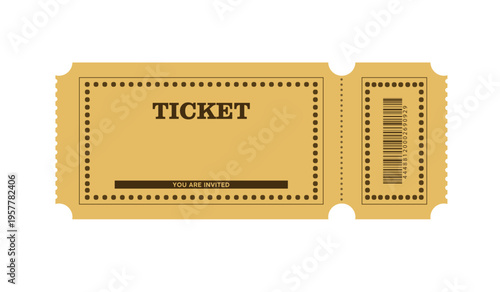 Golden event ticket with barcode, perforated edges, retro admit pass layout, and blank central space, isolated on white background in clean vector template style