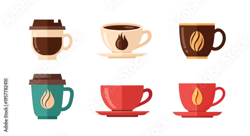 A minimalist collection of hot beverage icons including ceramic cups with saucers and a takeaway coffee paper cup.