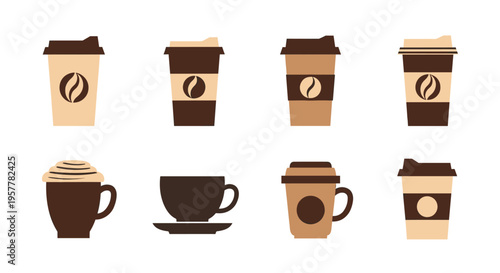 A minimalist collection of hot beverage icons including ceramic cups with saucers and a takeaway coffee paper cup.
