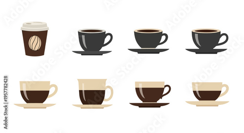 A minimalist collection of hot beverage icons including ceramic cups with saucers and a takeaway coffee paper cup.