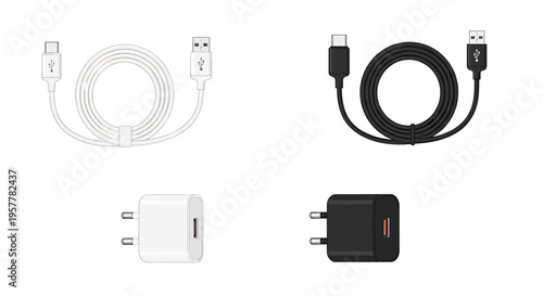 Essential electronic accessories icons including white and black wall power adapters and high-speed USB-C charging cables.