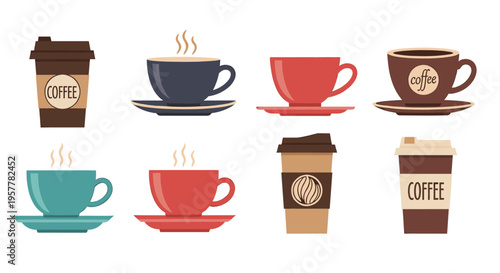 A minimalist collection of hot beverage icons including ceramic cups with saucers and a takeaway coffee paper cup.