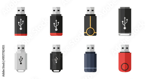 A minimalist set of various USB thumb drive designs in different colors and styles, isolated on a white background.