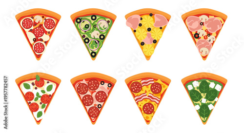 A diverse set of pizza slice illustrations featuring various toppings like pepperoni, mushrooms, vegetables, and different cheese types, isolated on a white background.