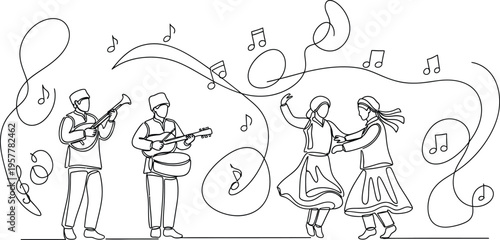 musicians playing instruments and couple dancing with music notes