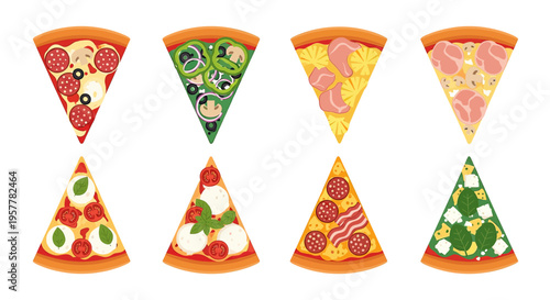 A diverse set of pizza slice illustrations featuring various toppings like pepperoni, mushrooms, vegetables, and different cheese types, isolated on a white background.