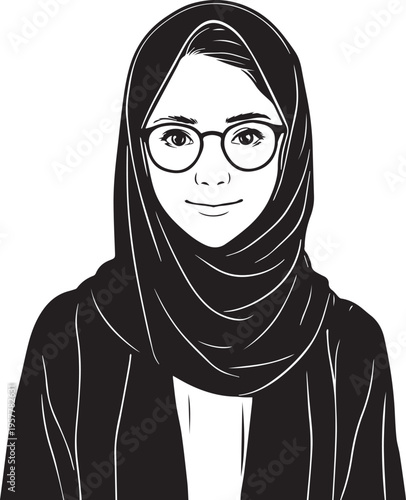 Hand Drawn Woman Wearing Hijab Black and White Avatar Illustration in Minimal Solid Art Style Design