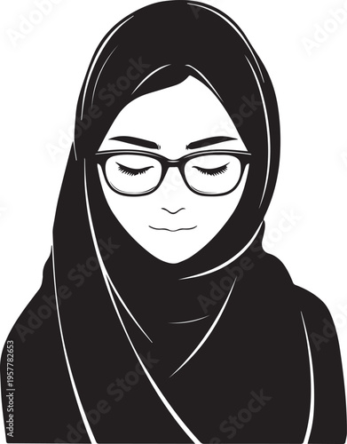 Hand Drawn Woman Wearing Hijab Black and White Avatar Illustration in Minimal Solid Art Style Design