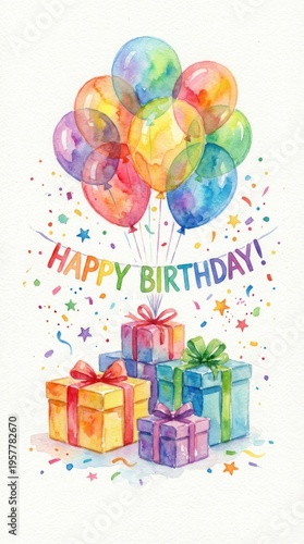 Vibrant watercolor birthday image featuring colorful balloons and gift box
