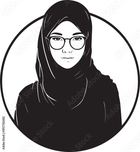 Hand Drawn Woman Wearing Hijab Black and White Avatar Illustration in Minimal Solid Art Style Design