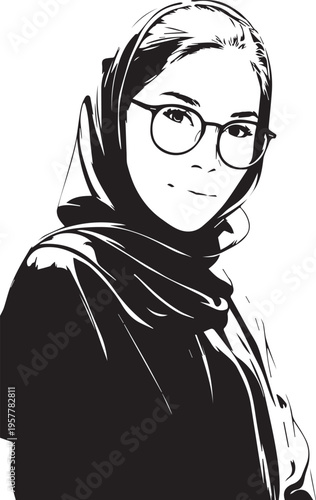 Hand Drawn Woman Wearing Hijab Black and White Avatar Illustration in Minimal Solid Art Style Design