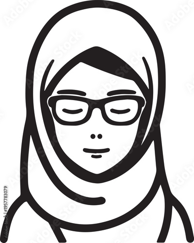 Hand Drawn Woman Wearing Hijab Black and White Avatar Illustration in Minimal Solid Art Style Design