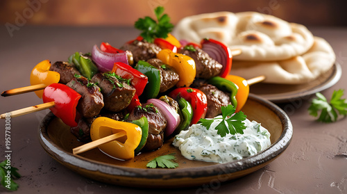 A plate of colorful kebabs with meat and vegetables served with pita bread and tzatziki sauce