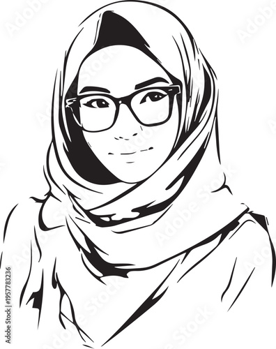 Hand Drawn Woman Wearing Hijab Black and White Avatar Illustration in Minimal Solid Art Style Design