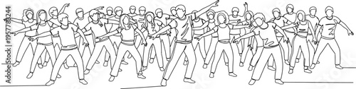 group of people running in line drawing style