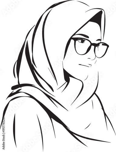 Hand Drawn Woman Wearing Hijab Black and White Avatar Illustration in Minimal Solid Art Style Design