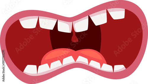 Cartoon open mouth with white teeth and red tongue.