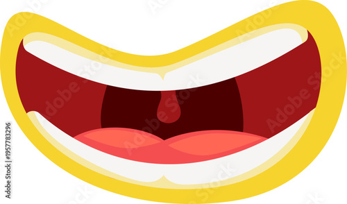Cartoon mouth wide open with red lips and yellow border.