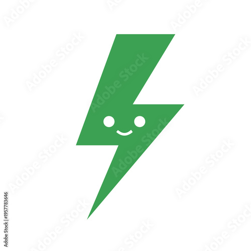 Green smiling lightning bolt icon symbol.