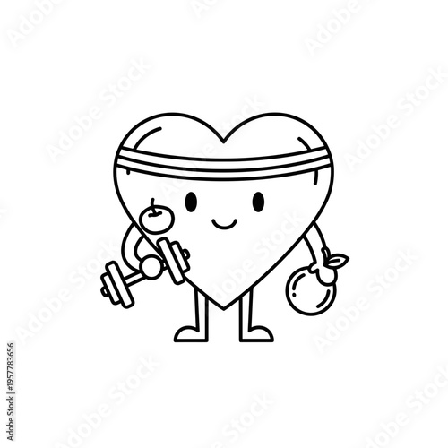 Heart character lifting weights smiling.