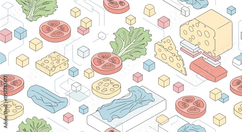 Seamless Pattern of Isometric Food Ingredients with Cheese Tomato and Lettuce in Modern Line Art Style for Food Tech App and Healthy Menu Background