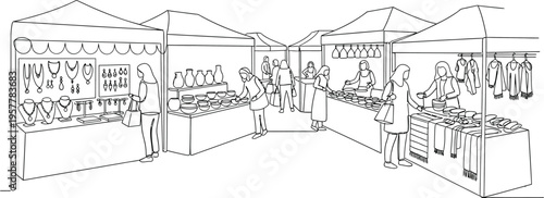 outdoor market stalls with people