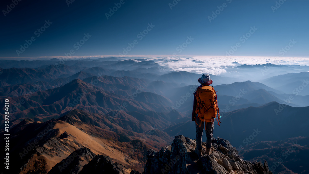 Obraz premium 壮大な雲海と山々を眺める山頂のハイカーと絶景