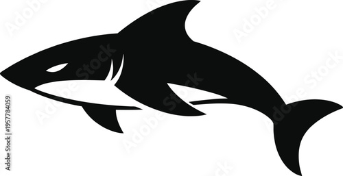 Bold and dynamic shark logo in a clean black silhouette style. The sharp shape and strong posture represent power, speed, and dominance. Perfect for sports teams, fitness brands, gaming logos, and str