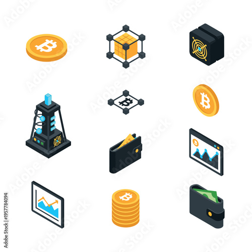 Cryptocurrency and blockchain technology icons.