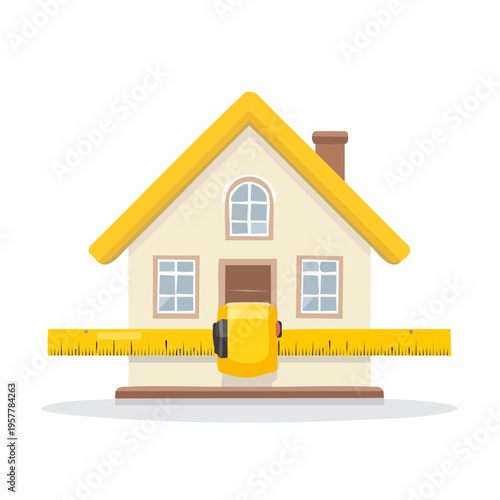 Cartoon house with tape measure. Construction, real estate, renovation concept.
