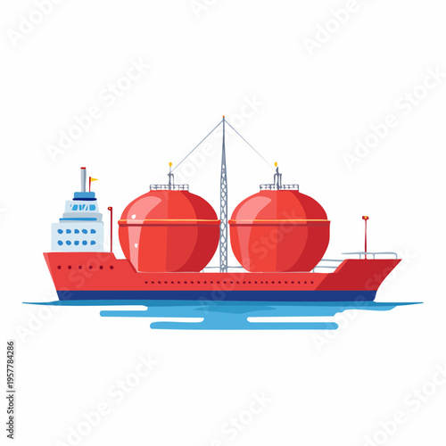 Cartoon illustration of a red tanker ship with large spherical tanks, sailing on water.
