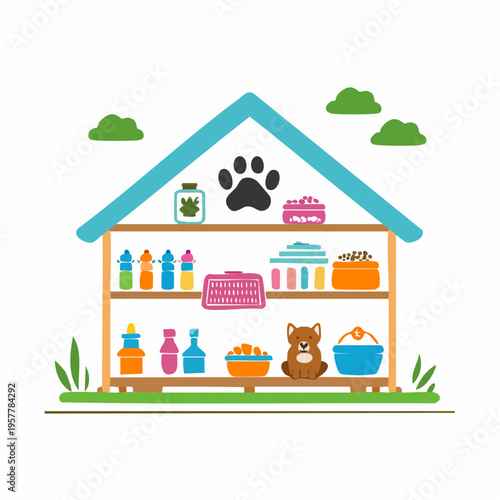 Pet Supplies and Accessories Shelves Cartoon Illustration