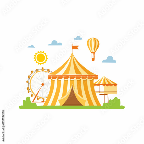 Cartoon circus tent with amusement park elements illustration