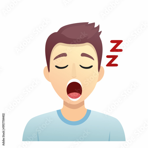 Cartoon man yawning, with closed eyes and zzzs. Depicting fatigue or tiredness.