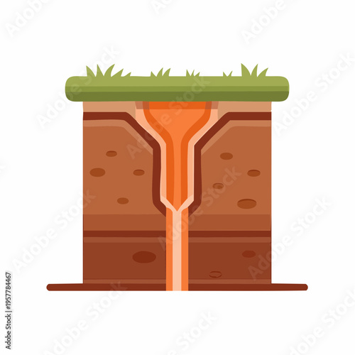 Cross-section illustration of an underground volcano showing lava flow and earth layers