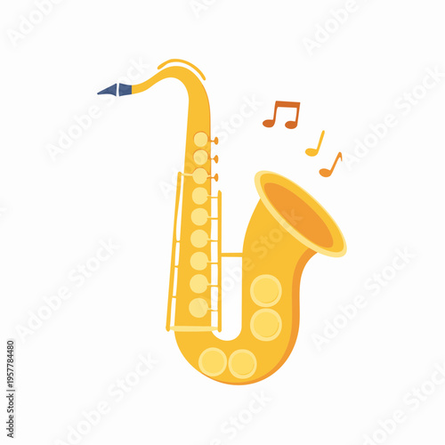 Cartoon illustration of a yellow saxophone with musical notes