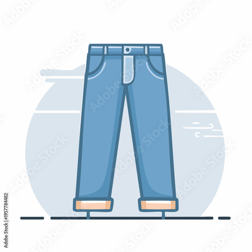 Illustration of blue jeans with pockets and turned up cuffs, apparel design concept