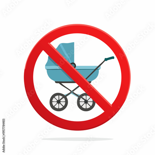 Prohibition sign of a baby stroller. No pushing prams or buggies permitted.