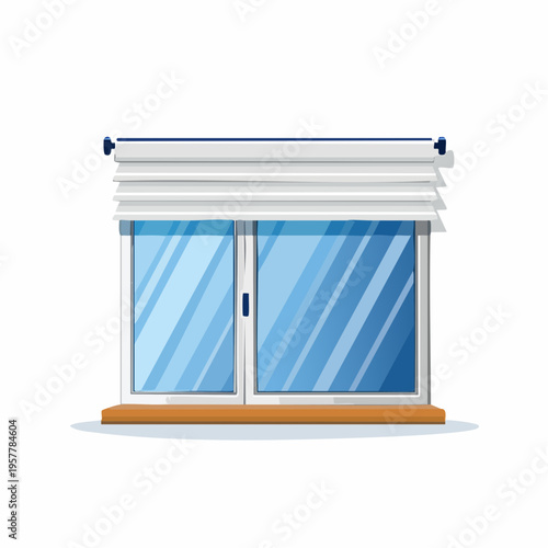 Cartoon illustration of a white window with blinds and blue glass, interior design element