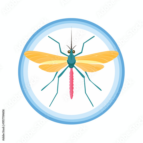 Illustration of a cartoon mosquito inside a blue circle, depicting insect or pest.