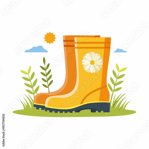 Colorful rubber boots on green grass with plants and sun.